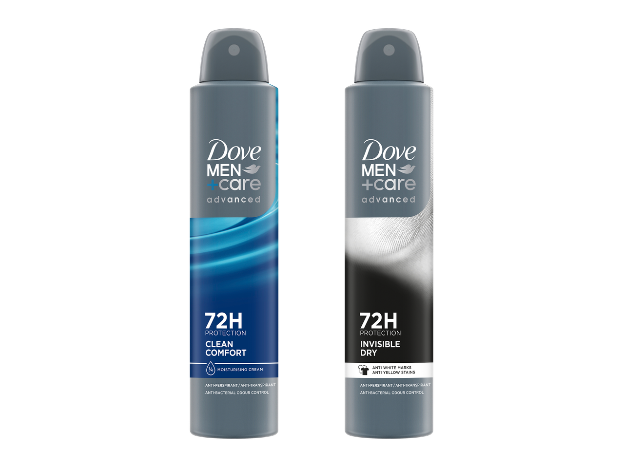 Două deodorante spray pentru bărbați, unul albastru pentru confort curat și unul negru pentru uscare invizibilă, ambele oferind protecție 72H.
