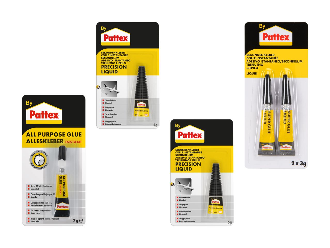 Verschiedene Pattex Sekundenkleber: Precision Liquid, Super Glue und Allzweckkleber.