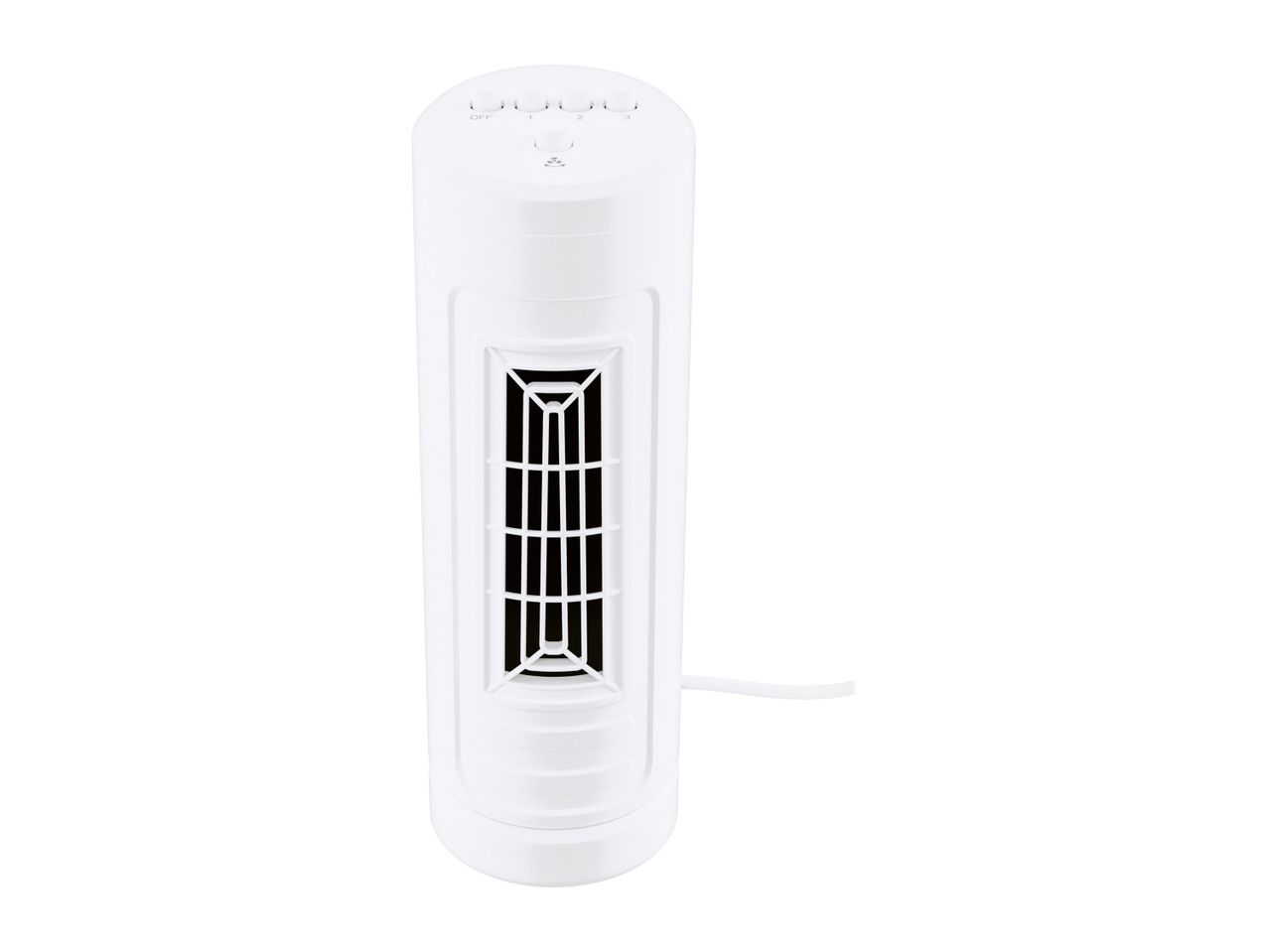A white personal fan with a visible grill.