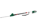 Telescopic hedge trimmer with battery and strap, for garden care.