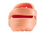 Rear view of a single peach-colored foam clog with a textured sole and a strap featuring embossed text.