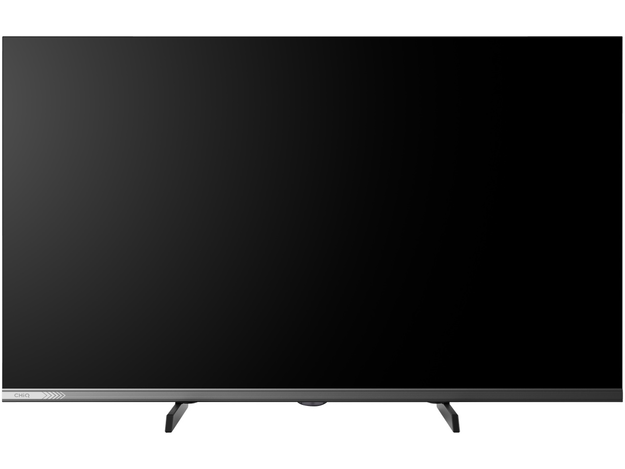 A modern television with a dark screen and a silver-colored bottom bezel, resting on two dark grey feet.