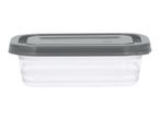 Rectangular clear food storage container with a dark grey lid.