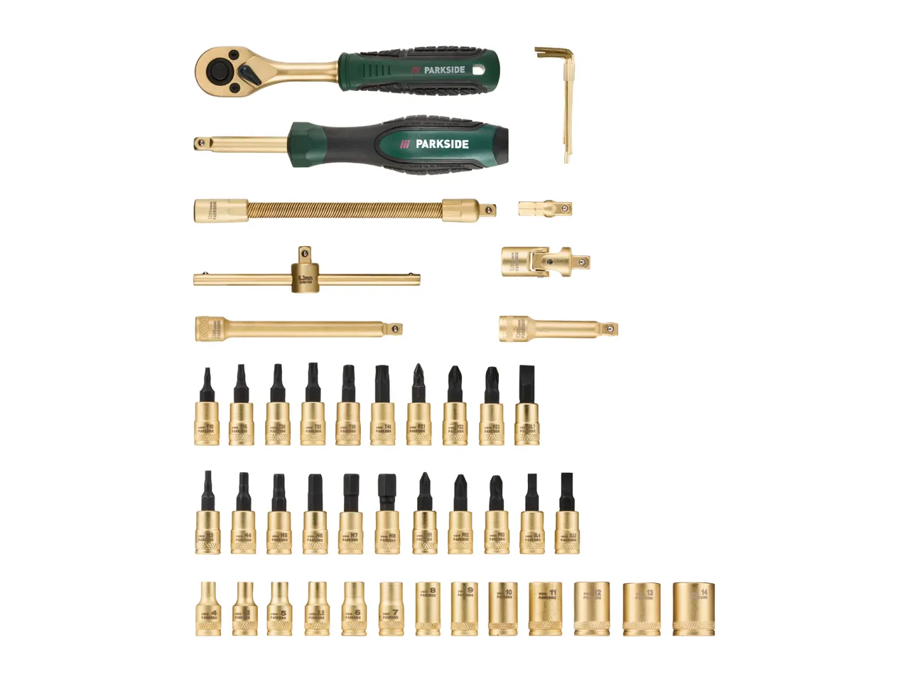 A set of gold-colored tools including a ratchet, screwdriver, hex keys, various bits, and sockets.