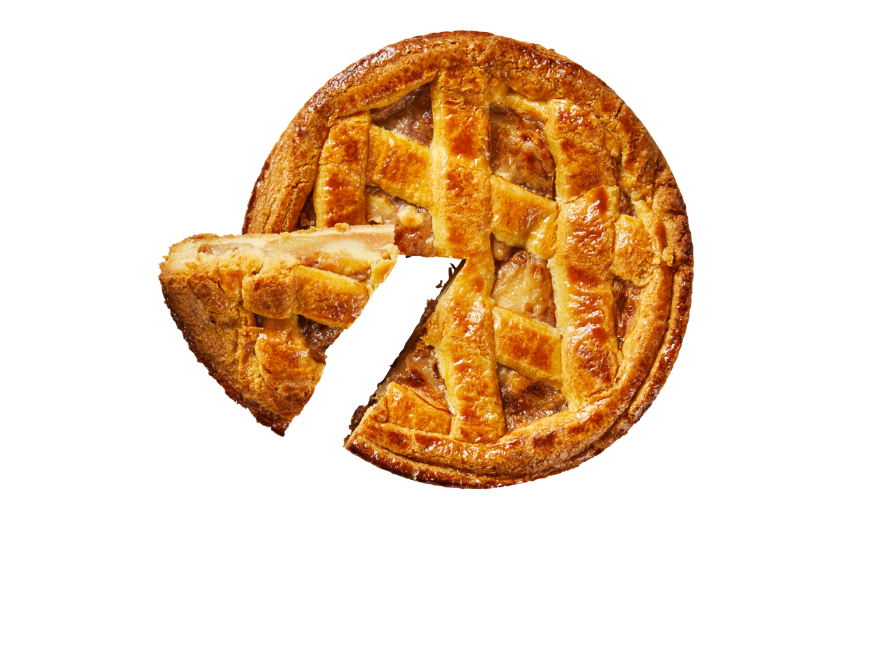 Bovenaanzicht van een appeltaart met één uitgesneden punt.