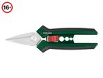Green and black garden shears with a red safety lock and a 16+ age rating symbol.