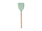Ein hellgrüner Silikon-Spatel mit Holzgriff.