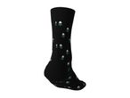 Black sock with a pattern of small, snow-covered pine trees