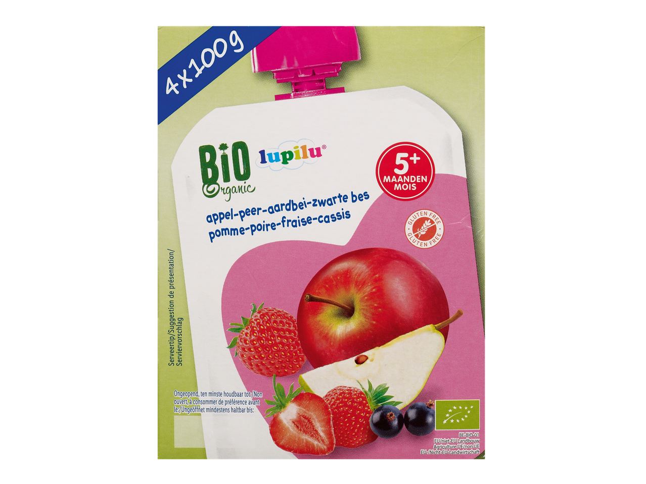 Pochette de purée de fruits bio Lupilu pomme, poire, fraise et cassis.