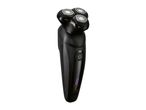 Black electric shaver with three rotary blades, a power button, and a battery indicator.