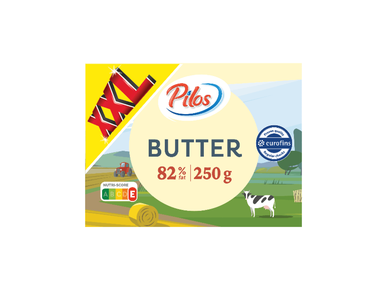 Sviesto pakuotė su užrašu „BUTTER 82% fat 250 g“, Nutri-Score E ir „XXL“ ženklu.