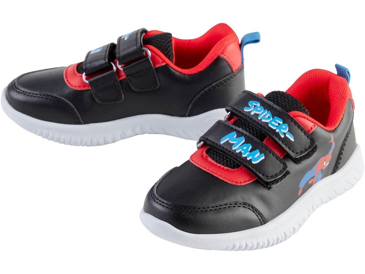 Two black and red Spider-Man sneakers with white soles.