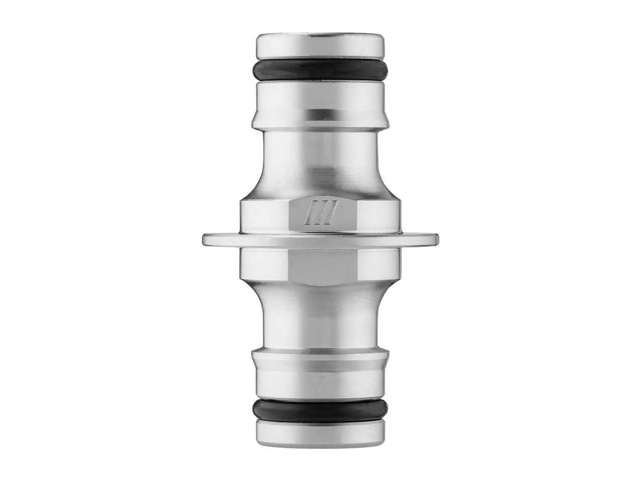 Silver metal hose connector with black O-rings on a white background.