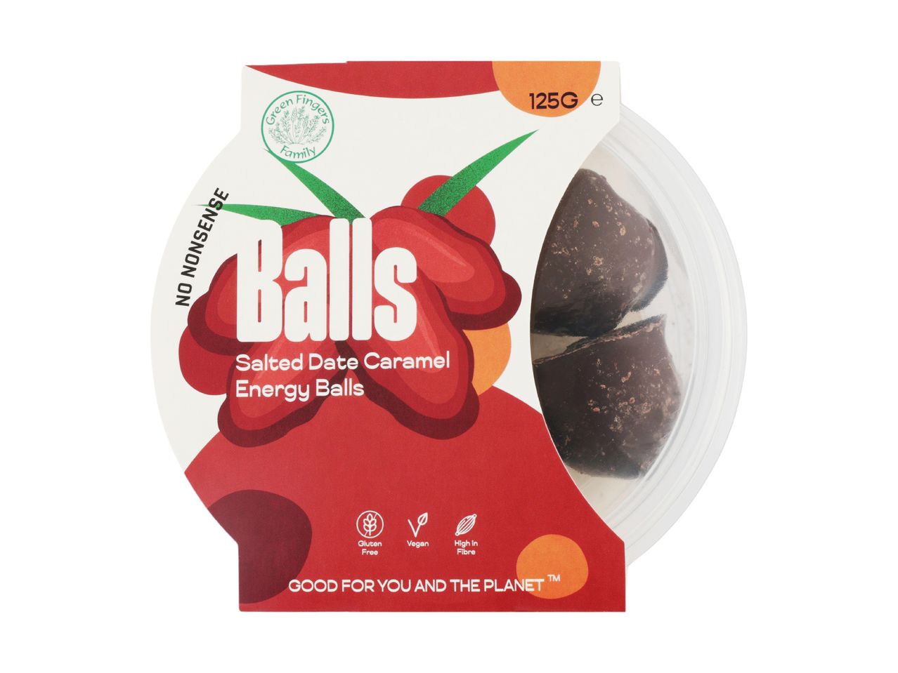 Green Fingers Family Balls Salted Date Caramel Energy Balls (125g), vegan, gluten-free, high in fiber.