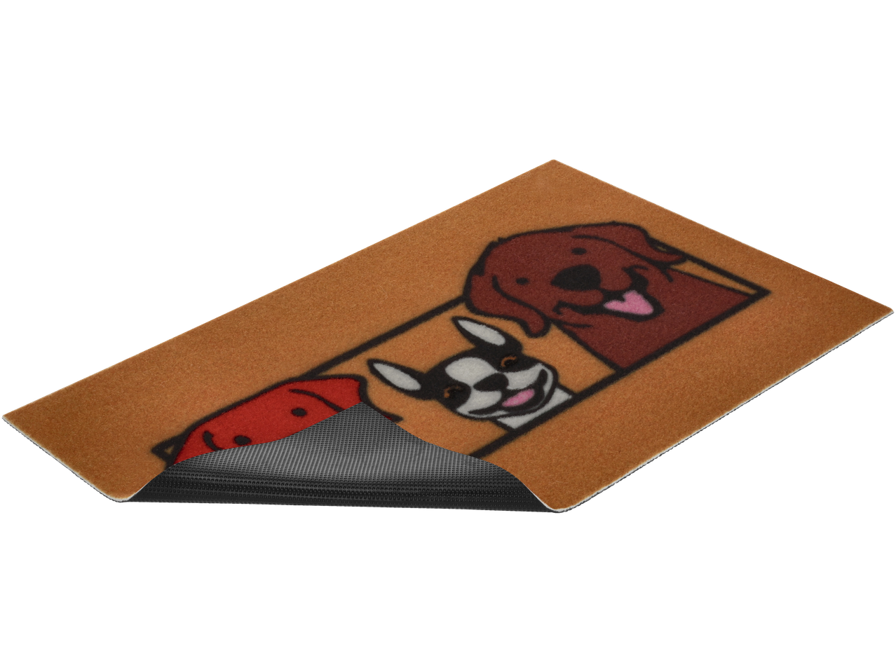 Tapis anti-poussière avec dessins de trois chiens souriants : un marron, un boston terrier et un teckel rouge.