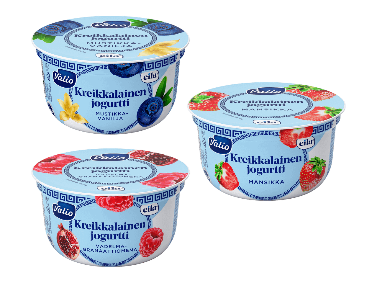 Kolme kreikkalaista jogurttia: mustikka-vanilja, mansikka ja vadelma-granaattiomena.