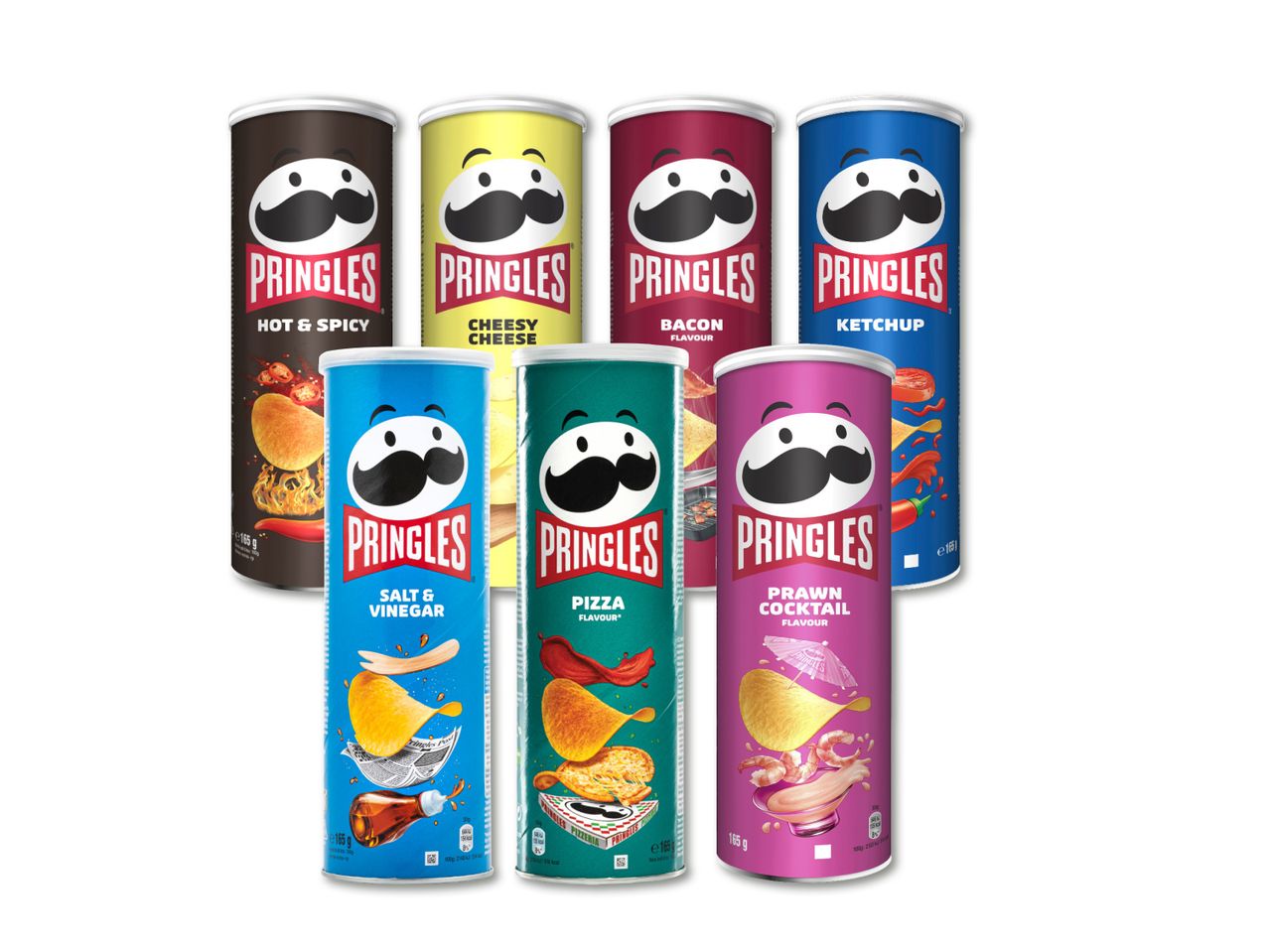 Pringles čipsu dažādu garšu cilindriskas iepakojuma sortiments.