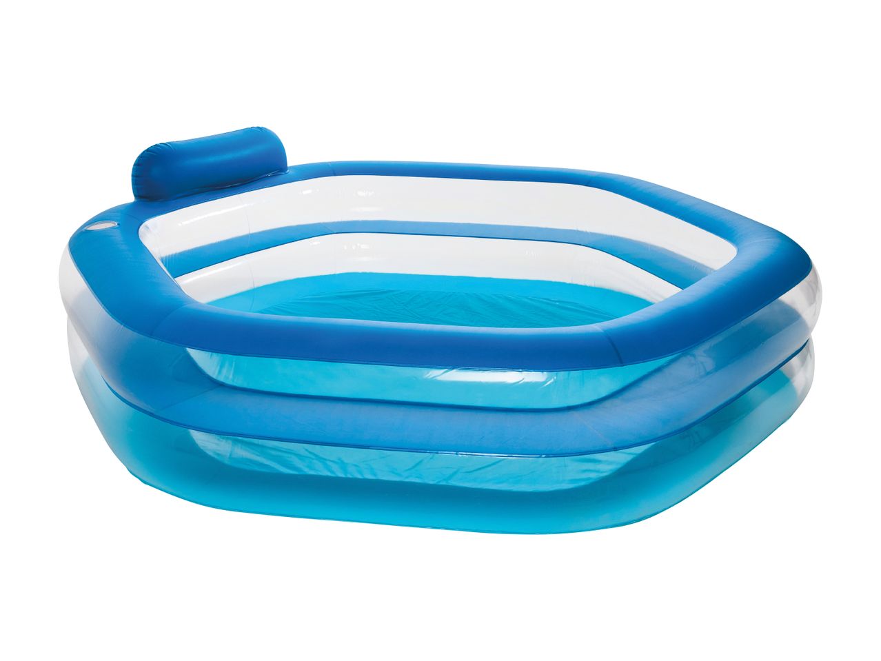 Blue inflatable paddling pool with a backrest, filled with water.