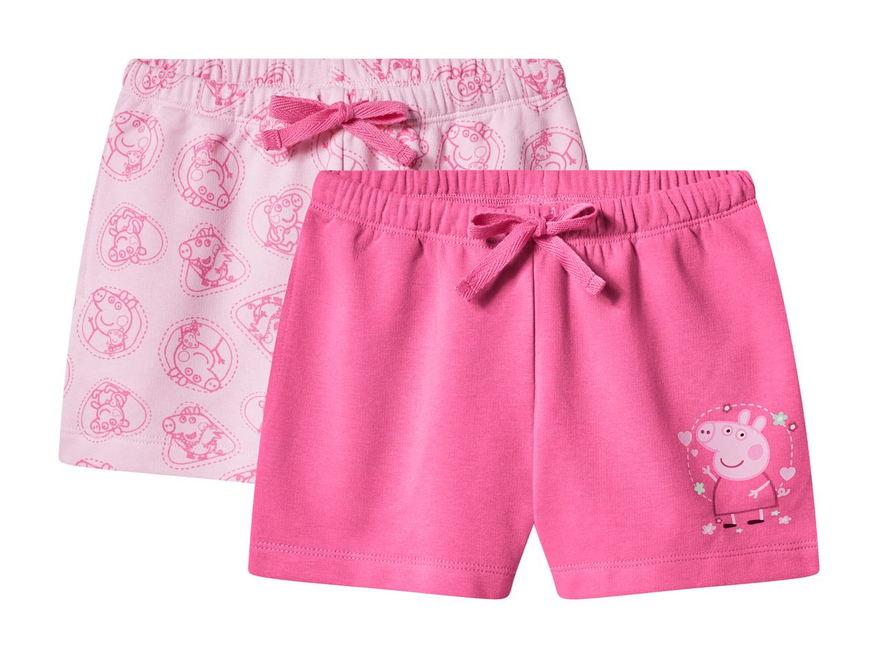Two pairs of pink shorts for girls, one with an all-over pig print and the other with a single pig graphic.