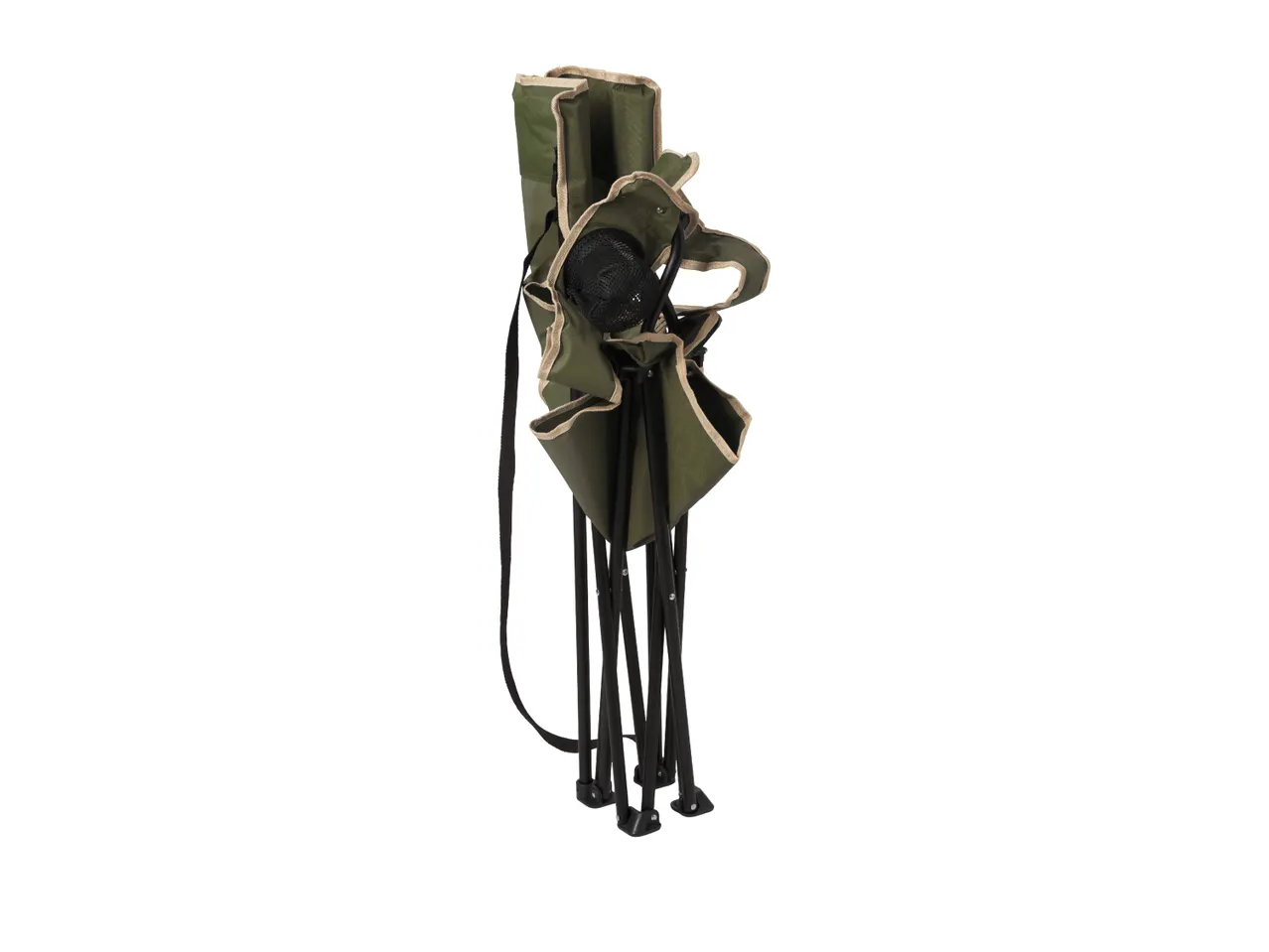 Folded green camping chair with black frame and strap, standing upright.