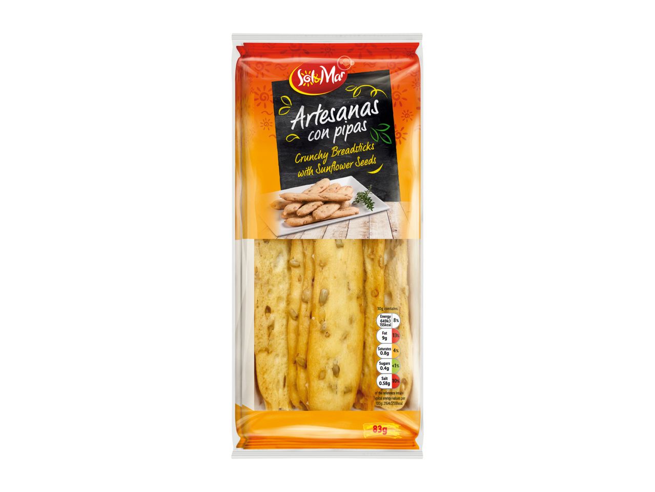 Packaging for crunchy breadsticks with sunflower seeds, showing nutritional information and weight.