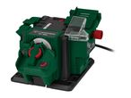 Drill bit and knife sharpener with a green and black housing, featuring a red power switch.