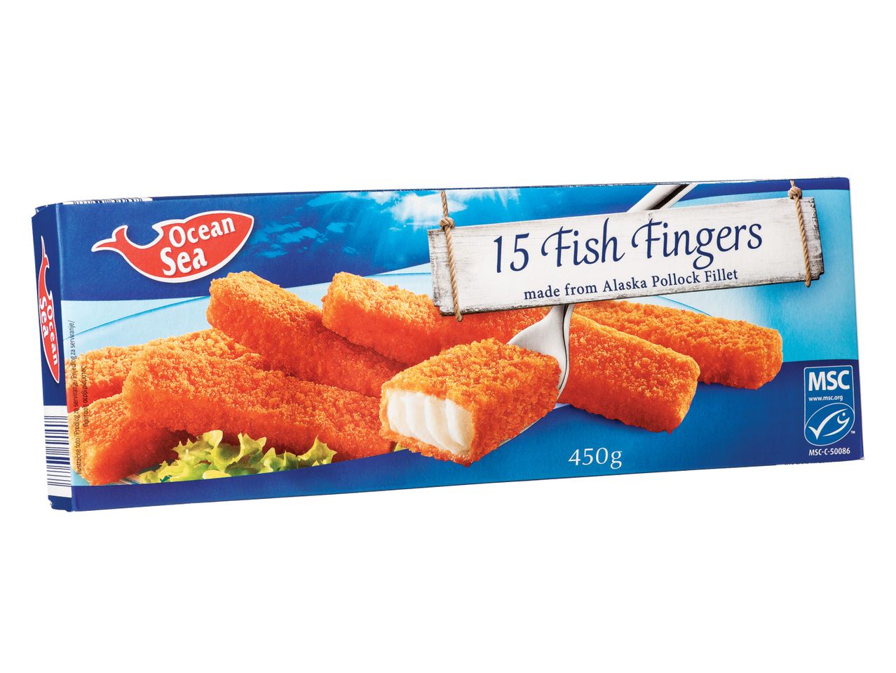 Škatla Ocean Sea z 15 ribjimi palčkami (450 g), narejenimi iz fileja aljaškega pollocka.