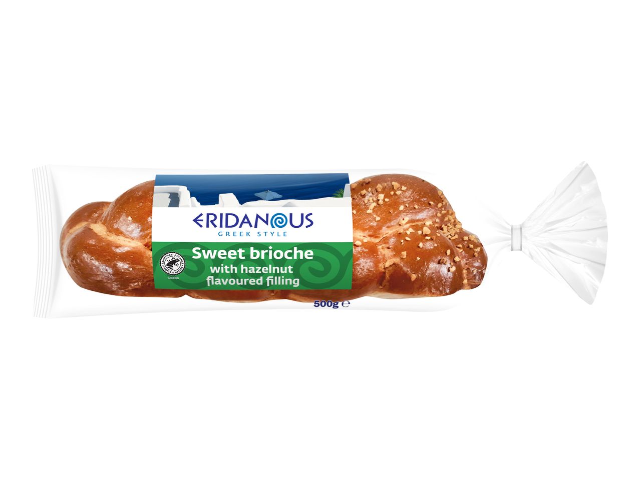 Sweet brioche with hazelnut flavoured filling, 500g, in clear packaging.