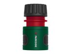 Green and red garden hose connector with black grip