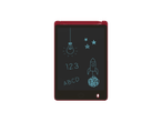O tabletă de scris LCD roșie cu desene ale unui bec, rachetă și litere.