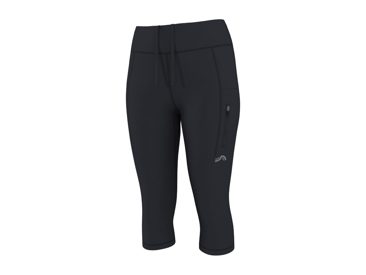 Black women's capri leggings with side pockets and a drawstring waist.