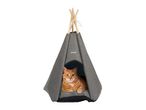 Ginger cat resting inside a grey teepee-style pet bed with wooden poles.