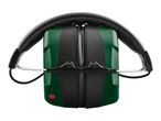 Green and black ear defenders with a red button, folded for storage.