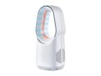 White bladeless fan with blue and orange light accents, featuring control buttons and ventilation grilles.