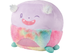 Purple plush toy with a winking face, fangs, fluffy ears, and a rainbow-colored body.
