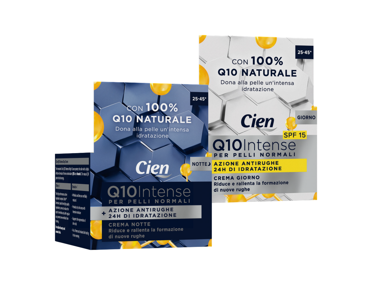 Due confezioni di crema viso Cien Q10 Intense, una per il giorno e una per la notte, con enfasi sull'idratazione e l'azione antirughe.