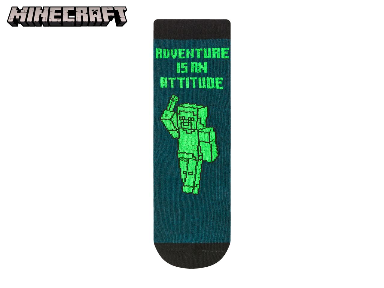 A single dark teal sock with a pixelated green character and the text 'ADVENTURE IS AN ATTITUDE'.