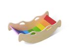 Wooden rainbow rocker with colorful slats on a white background.
