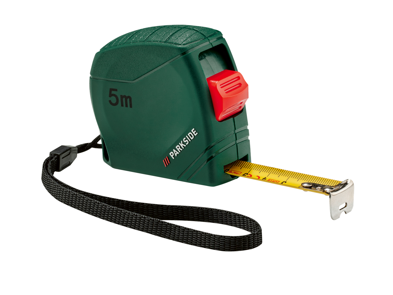 PARKSIDE rolmaat 5m, groen met rode knop en gele band