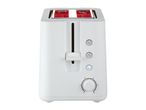 A white two-slice toaster with red interior slots.