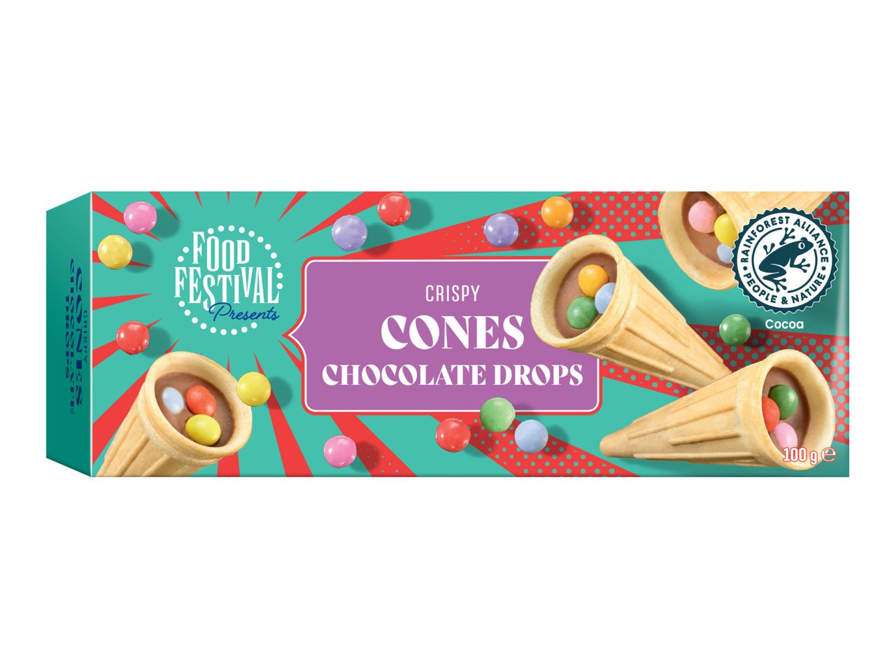 Crispy cones with chocolate drops in a colorful box, featuring a Rainforest Alliance logo.