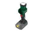 Cordless work light with a battery pack, highlighting the battery with a yellow X.