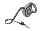 Retractable dog leash with a grey and black handle and a reflective lead.
