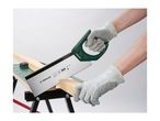 Hands in protective gloves sawing a wooden plank on a workbench with a hand saw.