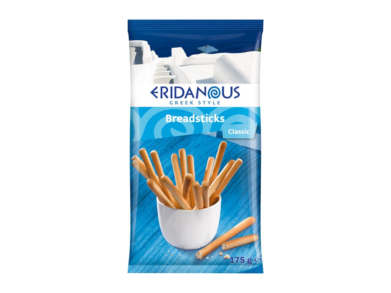 Greek style breadsticks, classic flavor, in a 175g package with a Santorini-like background.
