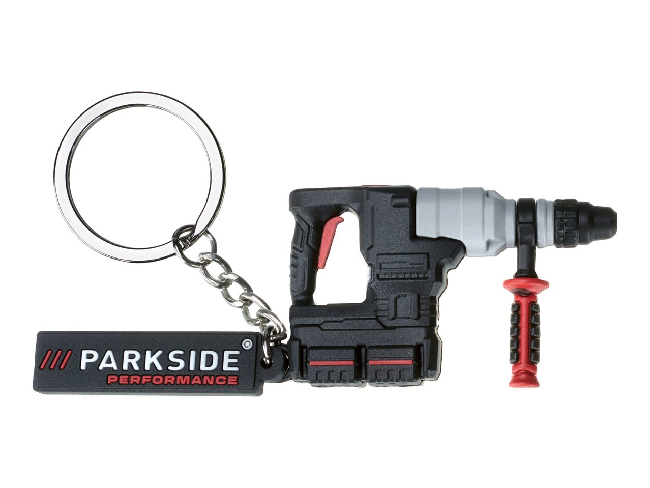 A Parkside Performance keychain featuring a miniature hammer drill.