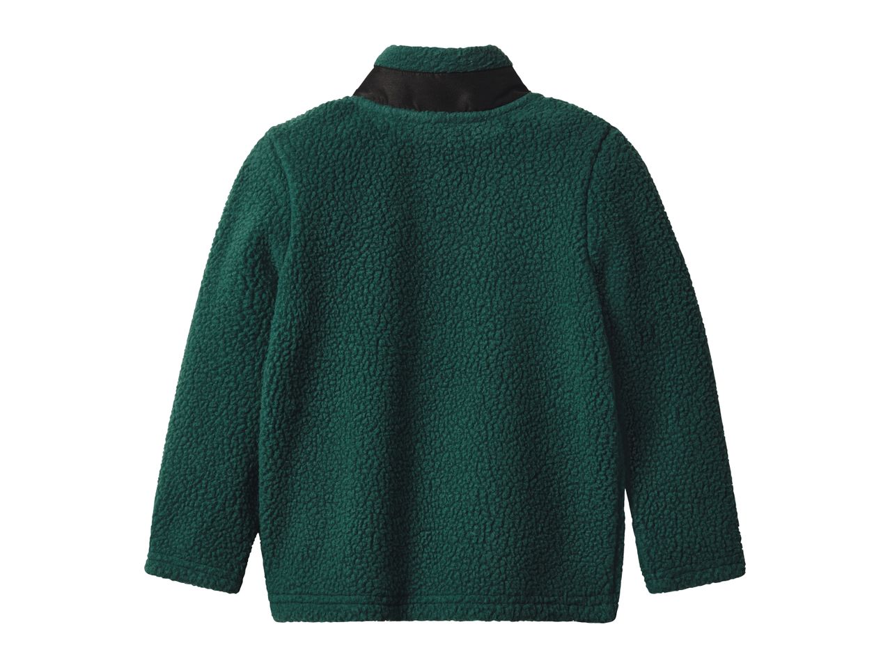 Back view of a dark green fleece jacket with a black collar.