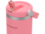 Close-up of a pink Silvercrest branded water bottle with a straw lid.