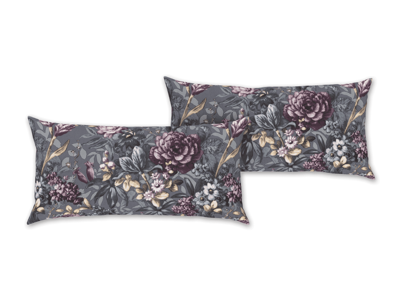 Zwei dekorative Kissen mit Blumenmuster in Grau- und Lilatönen.