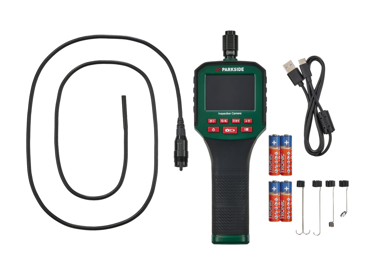 Inspection camera with flexible probe, USB cable, batteries, and various attachments.